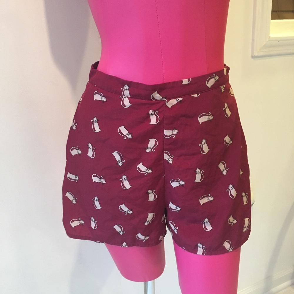 High waisted cat shorts. Red kitten silky shorts.